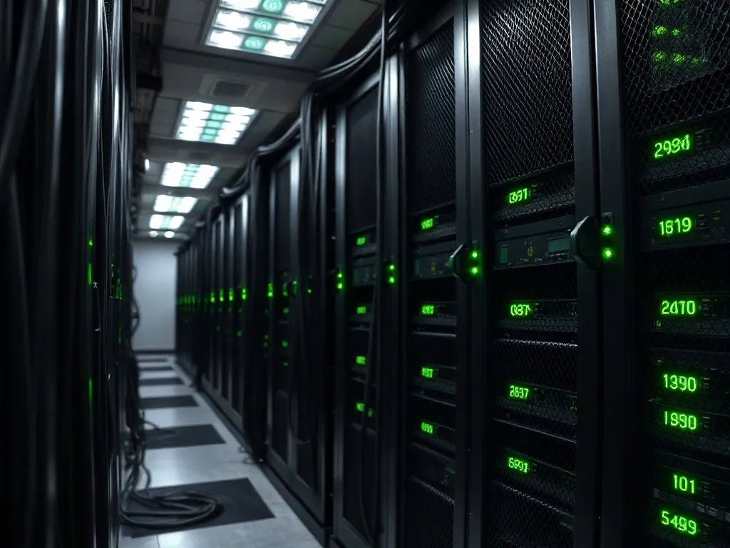 A clean high-tech server room with green status lights and o
