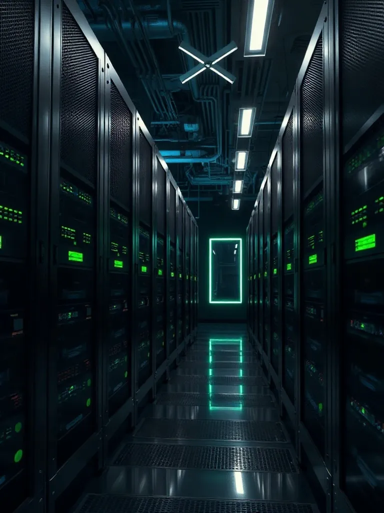 A high-tech server room with dark racks and green status lig