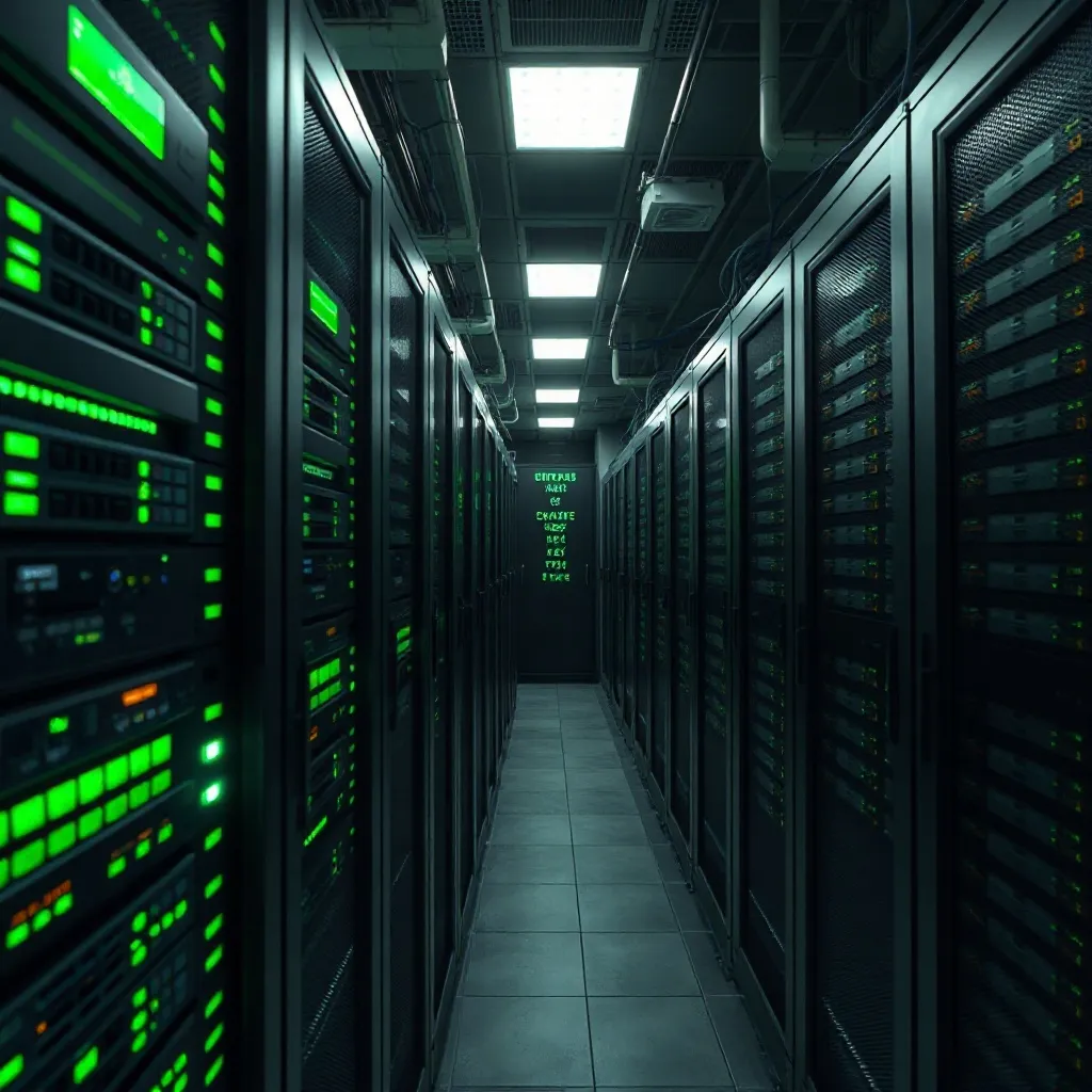 A high-tech server room with glowing green status lights, sl